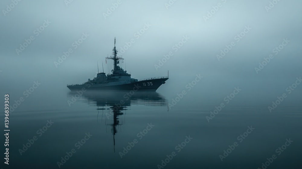 Warship at sea in thick fog, calm water, reflection. Warship at sea in thick fog, calm water, reflection.