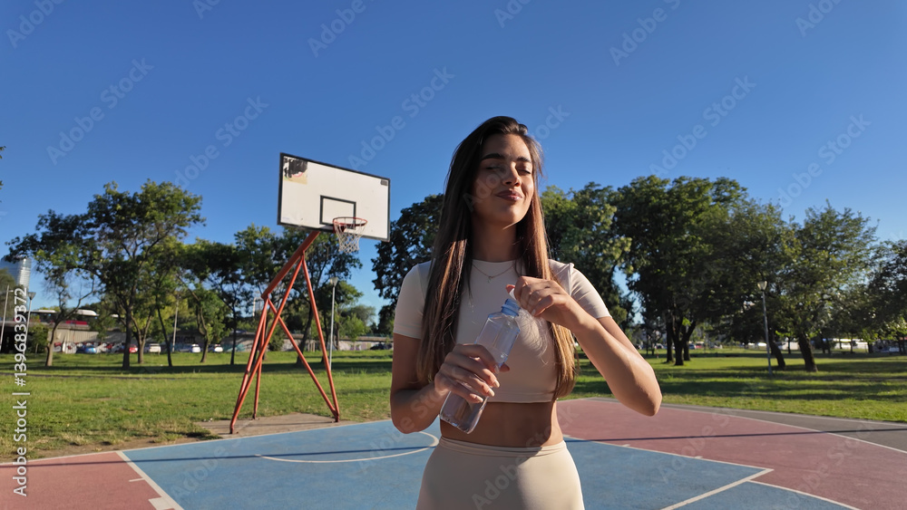 Young exhausted woman drinking water after jogging and exercise in urban park..