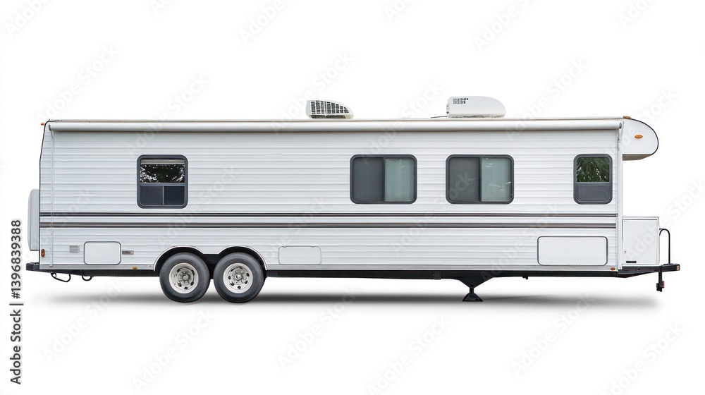 White travel trailer RV on white background.