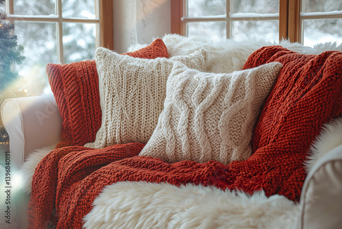 White and Red Knitted Cushions and Blankets by the Window in Winter
