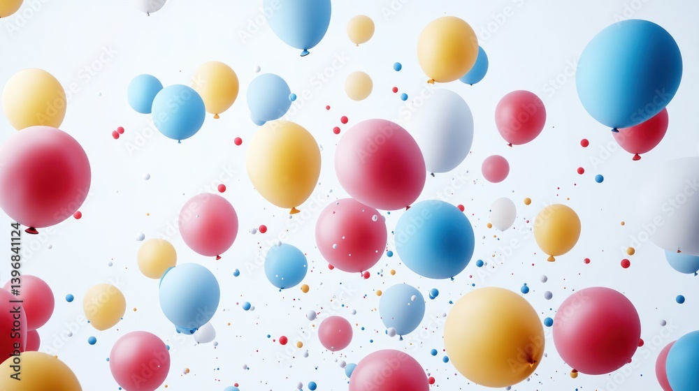 Colorful balloons float and confetti in air. Colorful balloons float and confetti in air.