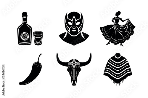 Simple Black and White Silhouette Icons of Mexican Culture