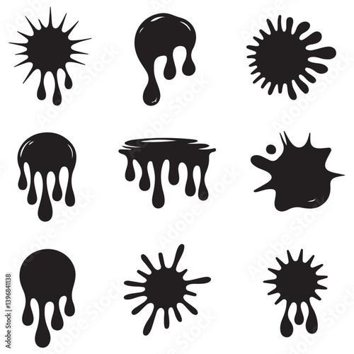 Ink blots and drips set Vector Black silhouettes. with white background