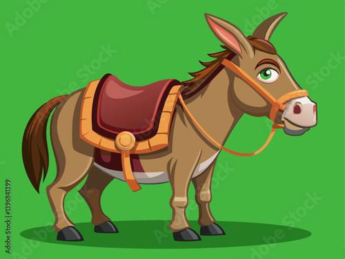 A high-quality vector of a hardworking donkey with a saddle, placed on a solid green background