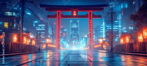 Obraz na płótnie Shinto Torii gate at modern night Japan city. Metropolis urban area. Generative AI technology.
w salonie