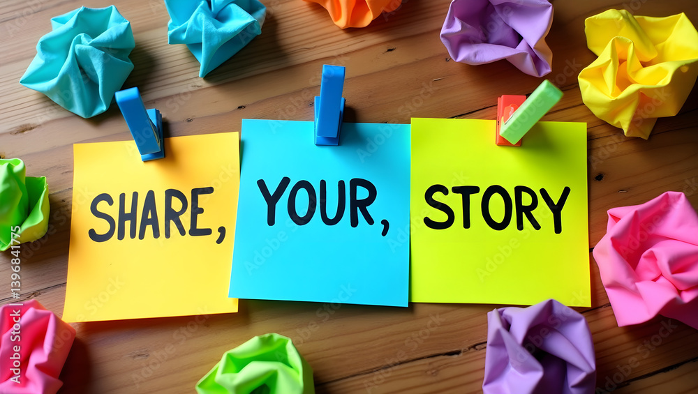 A colorful and engaging flat-lay photo featuring three sticky notes with the motivational message “Share, Your Story” in bold black typography,