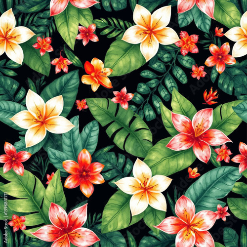 Lush seamless pattern tropical flowers, leaves greenery. Vibrant painted watercolor botanical design fabric wallpaper	
