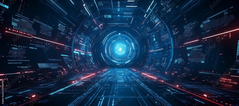Digital virtual cyberspace portal tunnel. Virtual data wireless transfer. Time speed future warp travel. Generative AI technology.