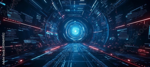 Obraz na płótnie Digital virtual cyberspace portal tunnel. Virtual data wireless transfer. Time speed future warp travel. Generative AI technology. w salonie