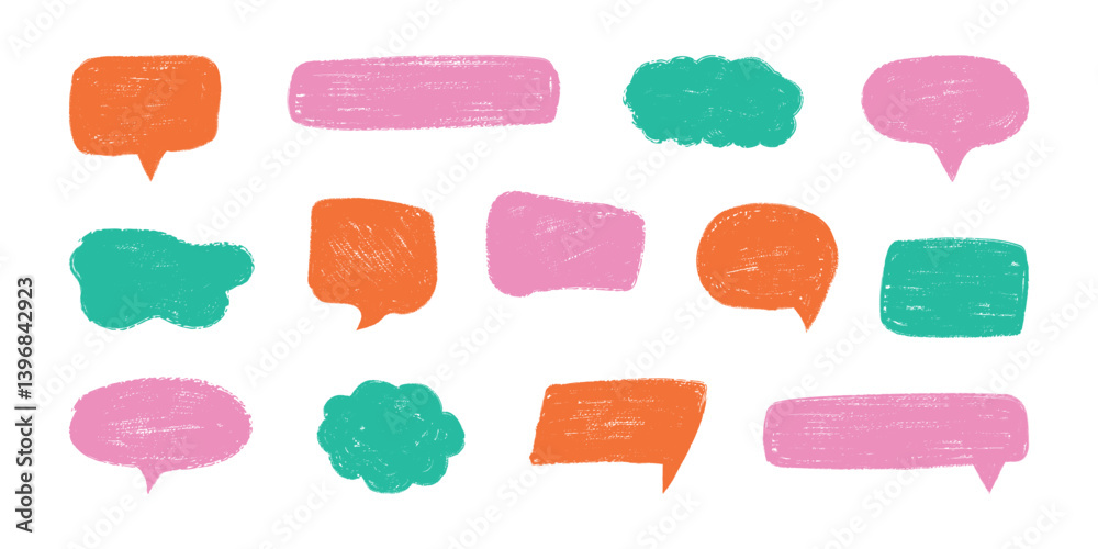 Hand draw crayon speech frame set for text. Speech bubbles, chalk elements in doodle style. Color kid lines of pencil, balloons, shapes, cloud, sticker. Childish isolated vector illustration. Hand draw crayon speech frame set for text. Speech bubbles, chalk elements in doodle style. Color kid lines of pencil, balloons, shapes, cloud, sticker. Childish isolated vector illustration.