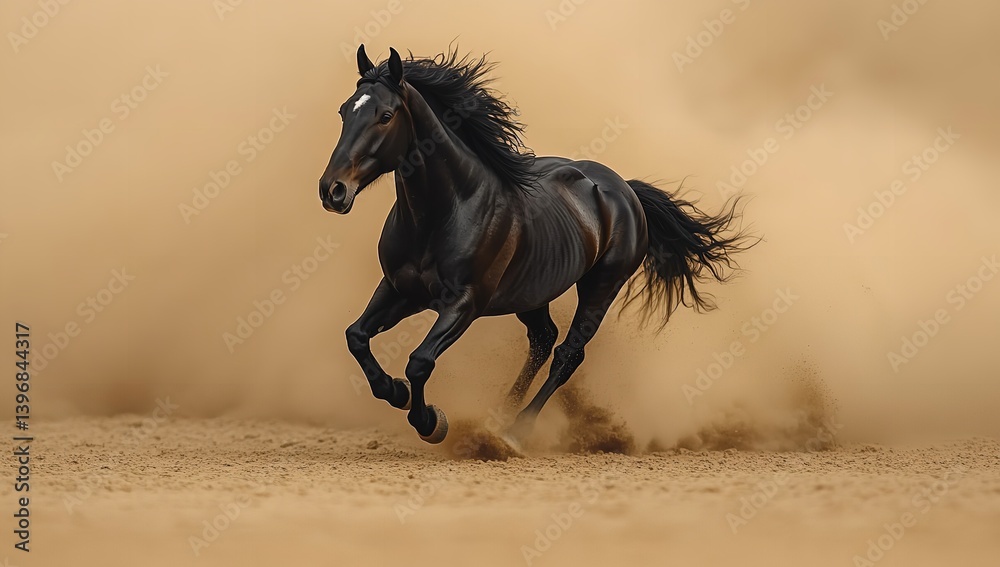 A powerful black stallion thundering across the desert, a breathtaking display of untamed freedom and raw energy in a dusty, golden landscape. A powerful black stallion thundering across the desert, a breathtaking display of untamed freedom and raw energy in a dusty, golden landscape.