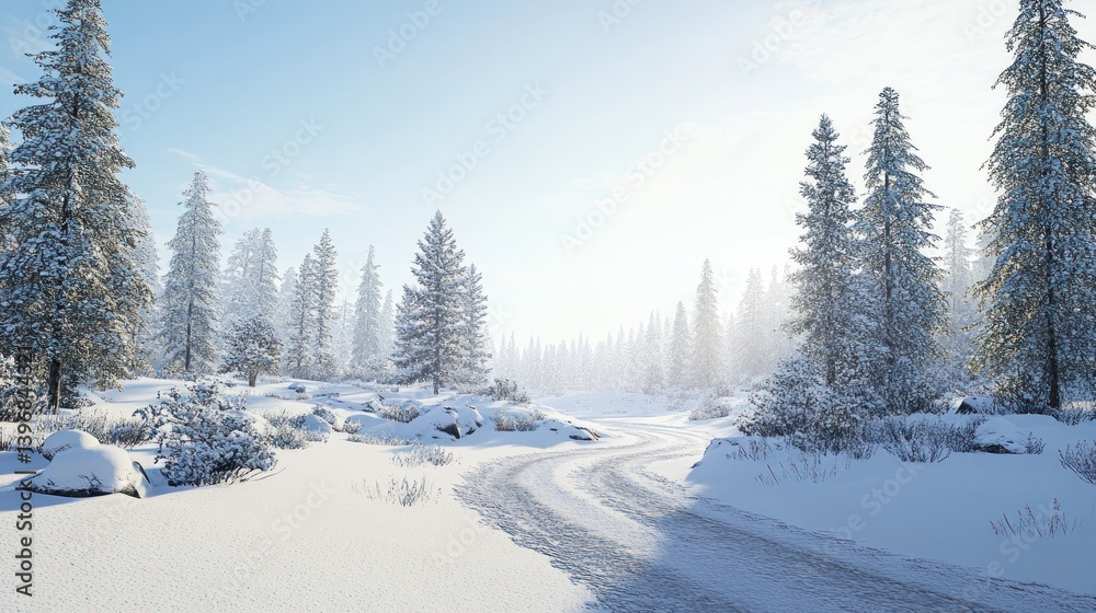 Snow-covered path winding through a serene winter forest with tall evergreen trees under a bright, sunny sky. Snow-covered path winding through a serene winter forest with tall evergreen trees under a bright, sunny sky.