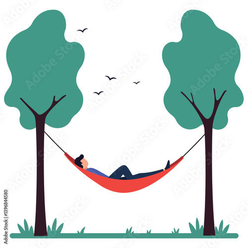 A person relaxing in a red hammock between two green trees in a serene outdoor setting, flat vector illustration