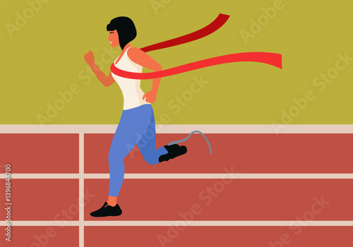 A female runner with a prosthetic leg is the first to cross the finish line with a red ribbon.