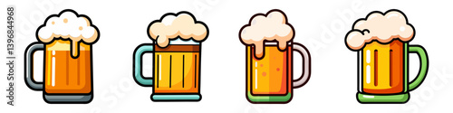 Collection of Four Cartoon Beer Mugs with Frothy Head