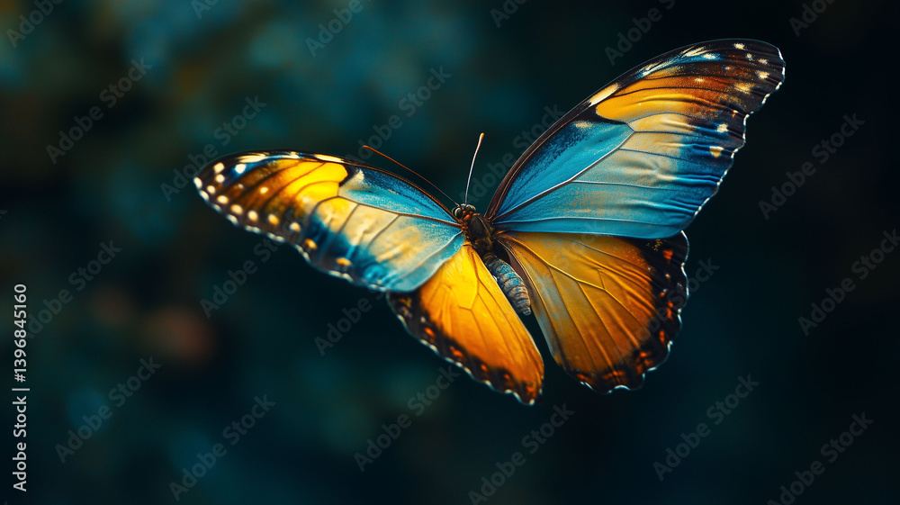 Fototapeta premium Stunning Butterfly with Blue Yellow and Orange Wings Captured Mid Flight in Natural Light (6)