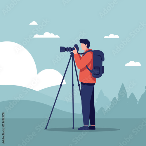 A photographer in a red jacket capturing nature scenes with a camera on a tripod in a minimal vector illustration setting