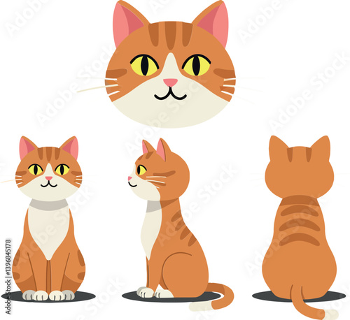 A playful orange tabby cat illustrated in flat design style showcasing various poses and expressions, perfect for vector art enthusiasts