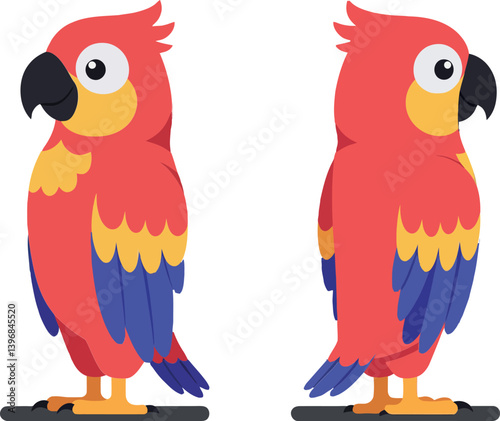 Colorful parrot illustration in flat design showcasing vibrant plumage and playful stance in a tropical setting, creating a cheerful mood in vector art