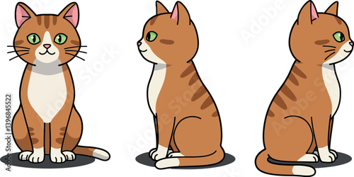 Playful orange tabby cat with bright green eyes shown in a flat, minimal style vector art