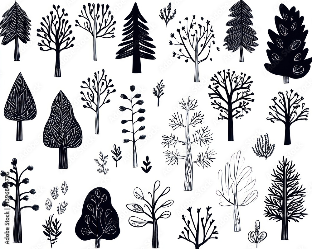 Fototapeta premium Stylized tree silhouettes, nature design elements, white background, craft project