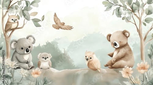 Wallpaper Mural children's room mural with a soft color palette, featuring adorable animals like bears, koalas, and owls, creating a peaceful and welcoming atmosphere. Torontodigital.ca