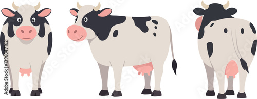 Three playful black and white cows in a flat design style showcasing their unique features in a whimsical vector illustration