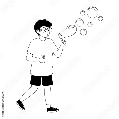 Child blowing bubbles with a bubble wand in a playful outdoor setting during sunny weather