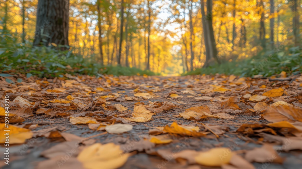 Low Angle Shot of Autumn Forest Path Covered with Fallen Brown and Yellow Leaves with Bright Sunlight and Slightly Blurred Tree Backgrounds Low Angle Shot of Autumn Forest Path Covered with Fallen Brown and Yellow Leaves with Bright Sunlight and Slightly Blurred Tree Backgrounds