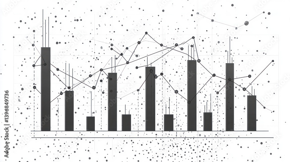 Obraz premium Abstract data visualization with bar and line charts showing growth and decline trends.
