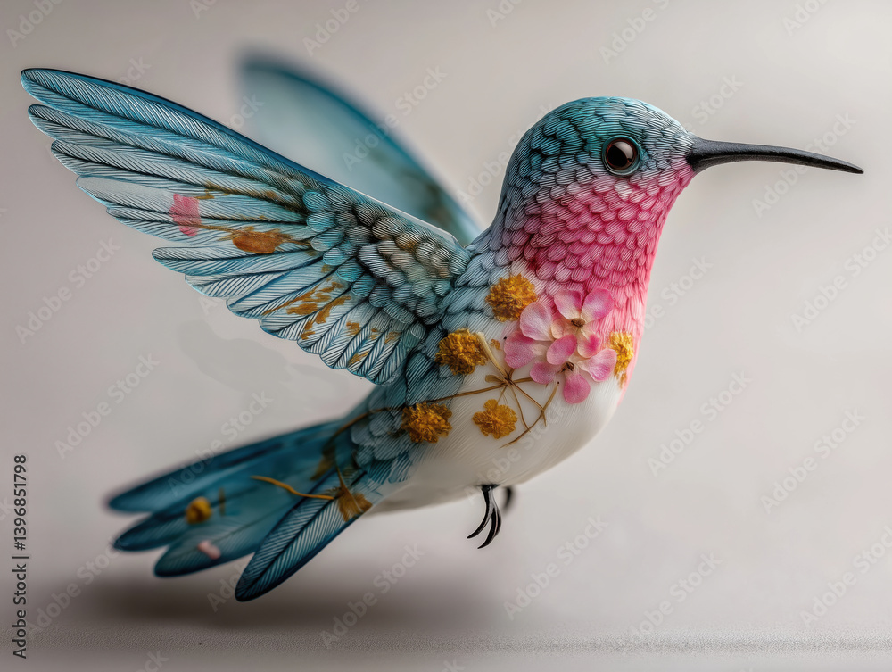 Naklejka premium A pink ocean-blue white colored porcelain hummingbird