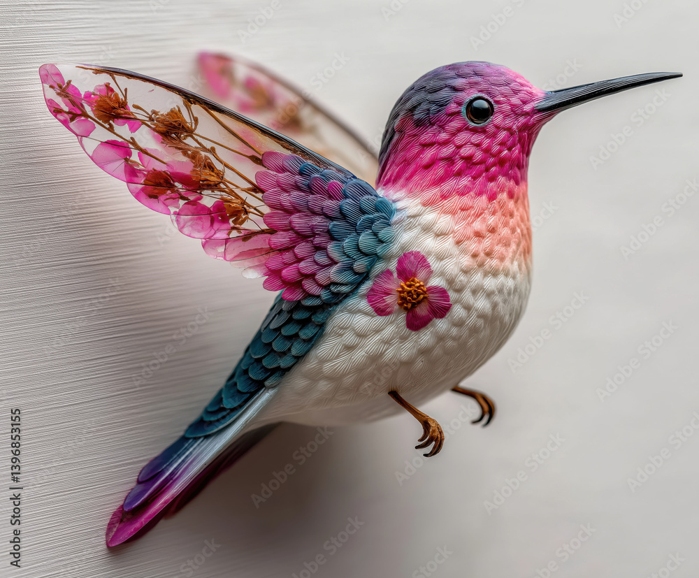 Naklejka premium A pink ocean-blue white colored porcelain hummingbird