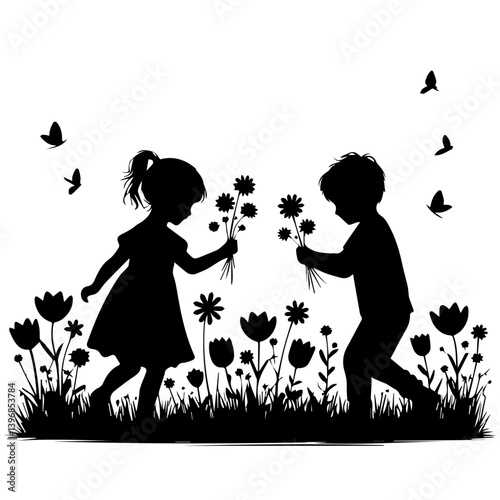 Playtime in the Flowers: Silhouette Vector Graphic Depicting Children Enjoying a Floral Field
(MAY DAY)