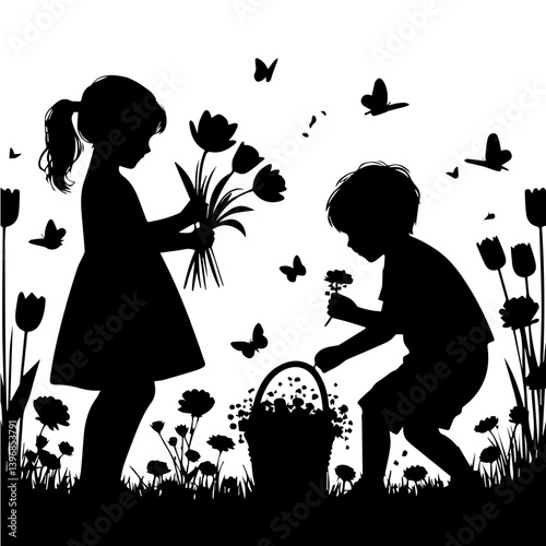 Playtime in the Flowers: Silhouette Vector Graphic Depicting Children Enjoying a Floral Field
(MAY DAY)