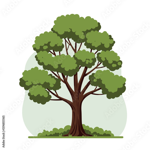 Lush green tree with rounded foliage and thick trunk in flat design style showcasing natures beauty in vector art