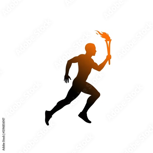 Athlete running with torch, silhouette of marathon runner carrying flame
