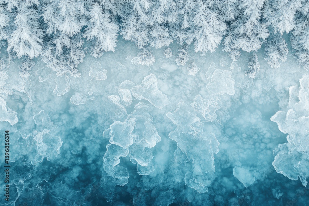 Fototapeta premium Aerial view of a frozen lake surrounded by snow-covered pine trees in winter.