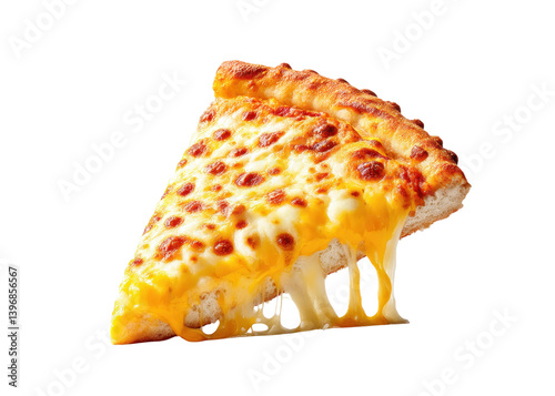 Slice of cheesy pizza with stringy melted cheese on a white background. Concept of fast food, Italian cuisine, and comfort food.