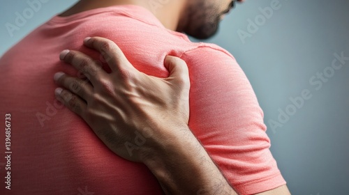 A person experiencing shoulder pain, touching the affected area.