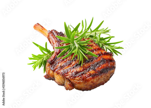 Grilled pork chop with rosemary on a white background. Delicious and flavorful meat dish.
