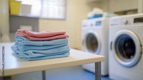 fresh and organized laundry room includes a white table adorned with folded clothes and a washing machine to the side