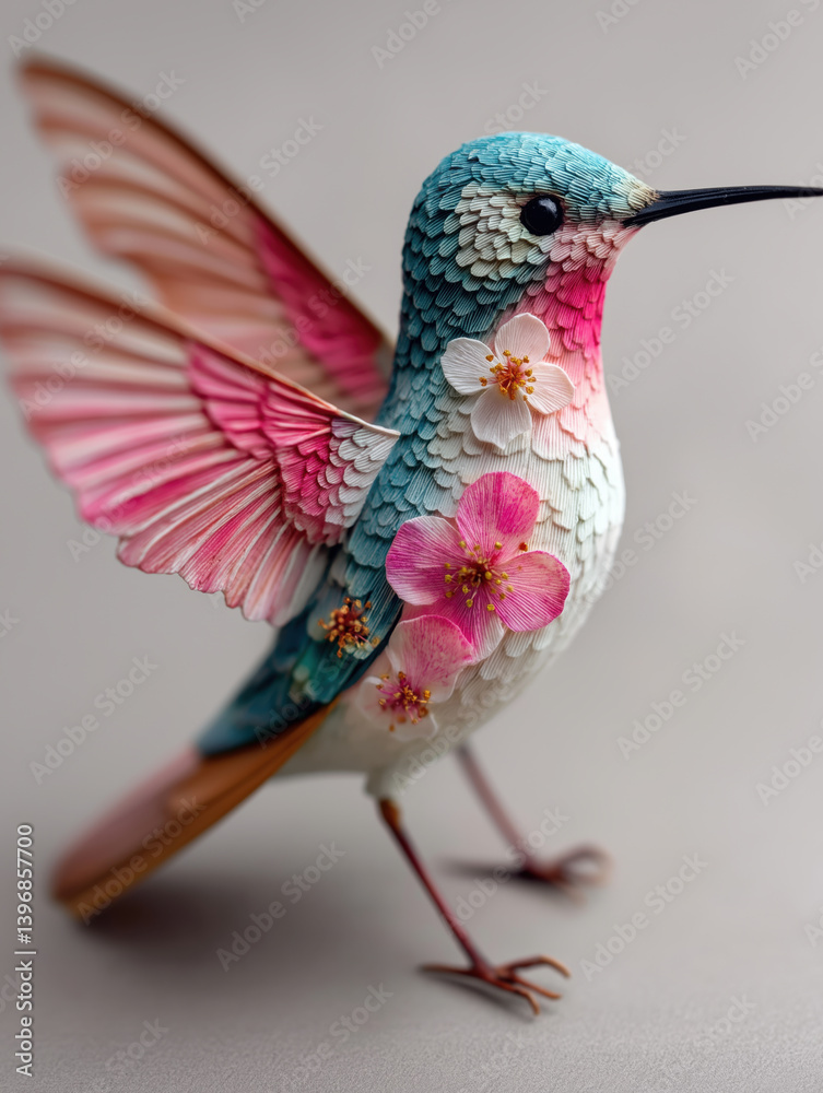 Naklejka premium A pink ocean-blue white colored porcelain hummingbird