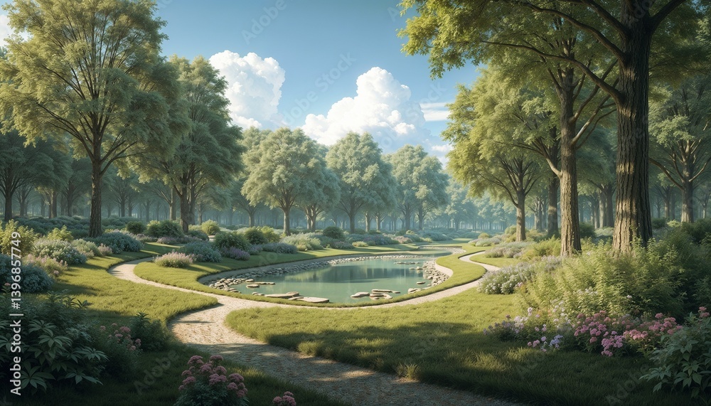 Serene landscape with winding paths and pond surrounded by lush greenery and colorful flowers in park Serene landscape with winding paths and pond surrounded by lush greenery and colorful flowers in park