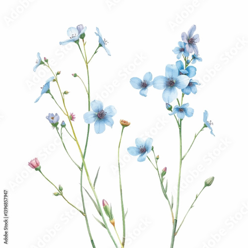 Blue flowers. Watercolor forget me not flowers botanical illustration isolated floral. Hand painted blossom flax flowers
