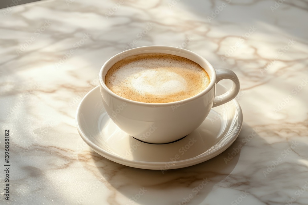 Obraz premium A cup of latte art coffee sits on a marble table bathed in sunlight.