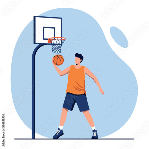 A young male basketball player in an orange jersey preparing to dunk the ball into a hoop with a flat vector illustration style