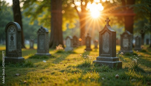 Gravestone, reflective mood, serene environment, in a cemetery, sunset light