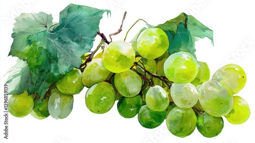 Watercolor of Shine muscat with leaves, painting, illustration drawing isolated,Hand drawn,Bright green muscat grapes on white background,copy space.