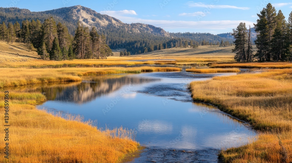 Serene autumnal river flowing through a meadow Serene autumnal river flowing through a meadow