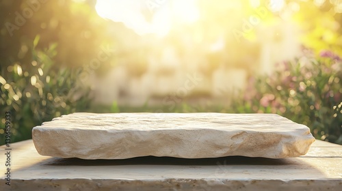 Beige Rock Stone Product Display Podium with Sunlight and Blurred Background